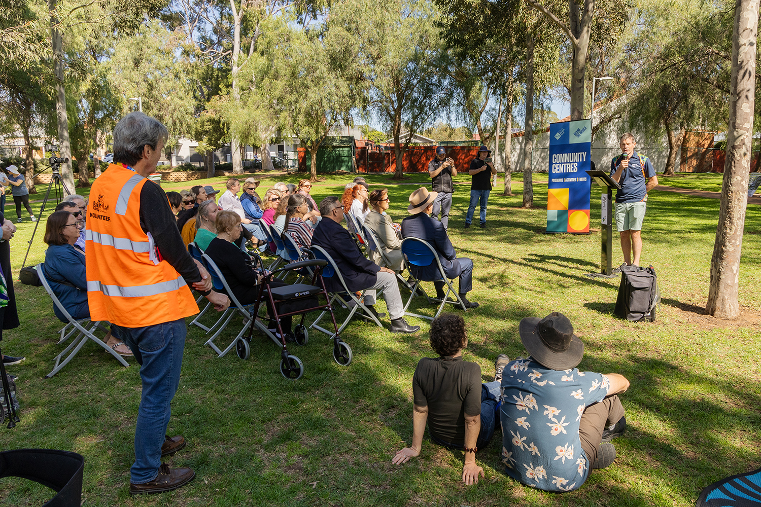 SA Power Networks CEO Andrew Bills addresses the launch event attendees at Parfitt Square in Bowden.